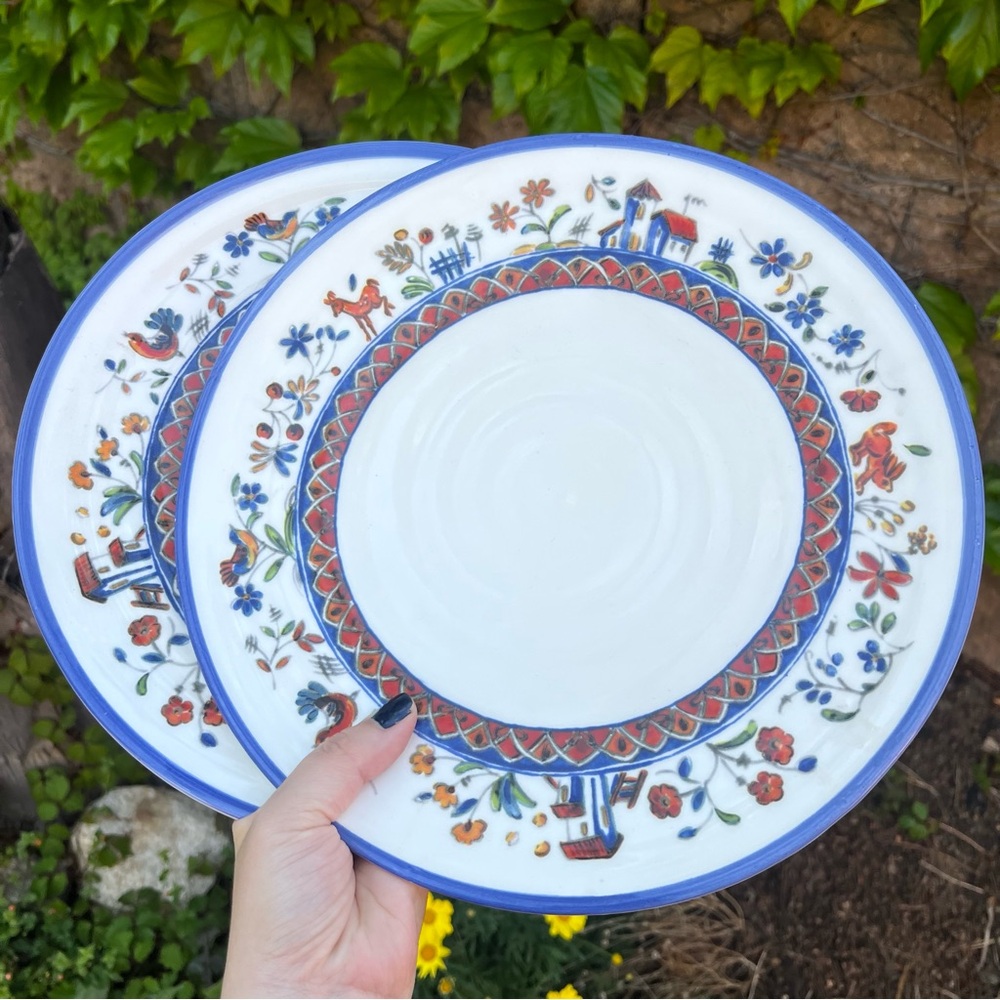 Ceramica Cuore Floral and Animal Border Geometric Band Ceramic Plate Set 11"